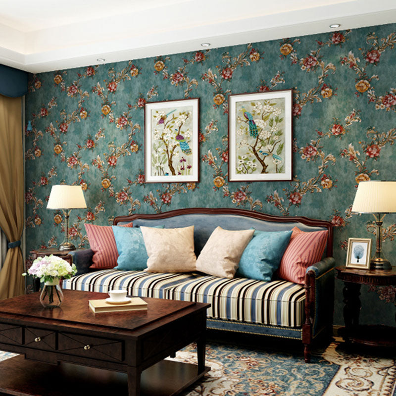 33' x 20.5" Flowers Wallpaper for Guest Room Decoration Leaves Wall Covering in Dark Green, Moisture-Resistant Dark Green Clearhalo 'Country wall decor' 'Rustic' 'Wallpaper' Wall Decor' 1042217