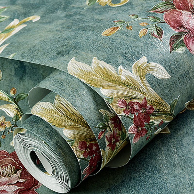 33' x 20.5" Flowers Wallpaper for Guest Room Decoration Leaves Wall Covering in Dark Green, Moisture-Resistant Clearhalo 'Country wall decor' 'Rustic' 'Wallpaper' Wall Decor' 1042218