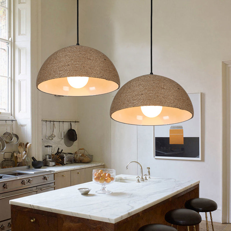 Rope and Metal Domed Ceiling Fixture Vintage Style 1 Bulb Kitchen Hanging Ceiling Light in Beige Beige Clearhalo 'Ceiling Lights' 'Industrial Pendants' 'Industrial' 'Middle Century Pendants' 'Pendant Lights' 'Pendants' 'Tiffany' Lighting' 104379