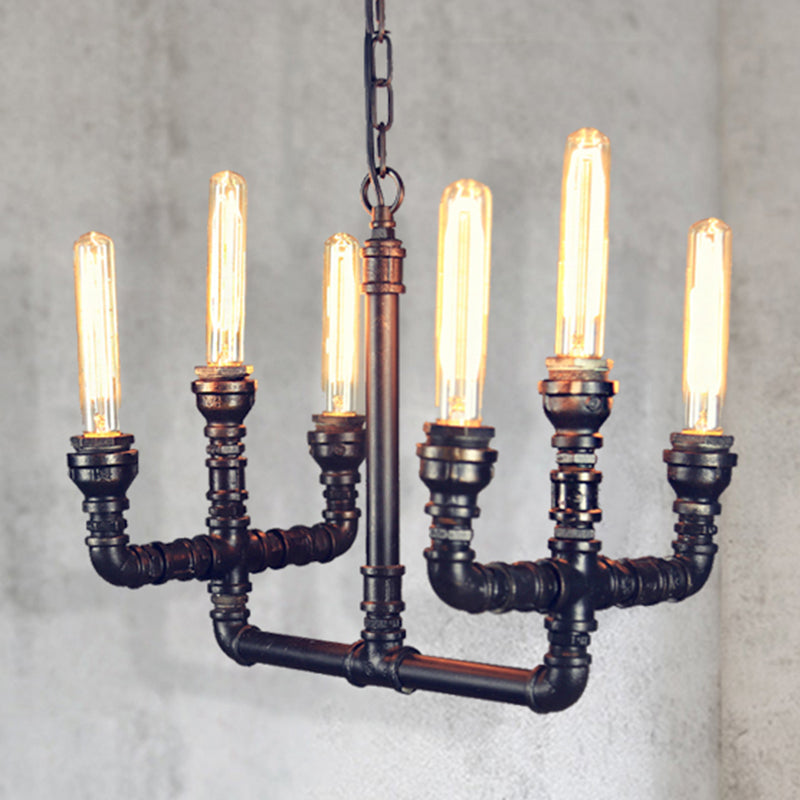 6 Heads Ceiling Chandelier Factory Trident Metallic Suspension Pendant in Black for Restaurant Clearhalo 'Cast Iron' 'Ceiling Lights' 'Chandeliers' 'Industrial Chandeliers' 'Industrial' 'Metal' 'Middle Century Chandeliers' 'Rustic Chandeliers' 'Tiffany' Lighting' 1043885