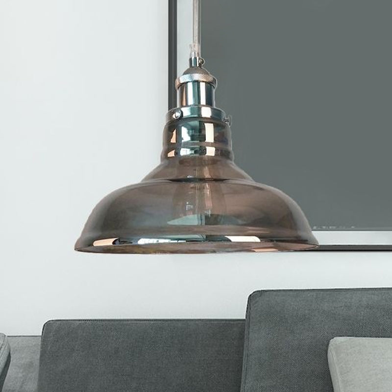 Industrial Cone/Barn Pendant Lamp 1 Light Smoked Glass Hanging Light Fixture in Chrome Smoke Gray Barn Clearhalo 'Ceiling Lights' 'Glass shade' 'Glass' 'Pendant Lights' 'Pendants' Lighting' 1043909