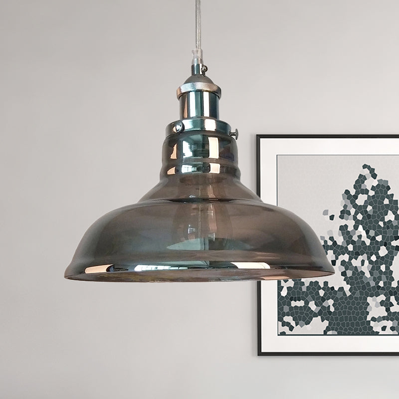 Industrial Cone/Barn Pendant Lamp 1 Light Smoked Glass Hanging Light Fixture in Chrome Clearhalo 'Ceiling Lights' 'Glass shade' 'Glass' 'Pendant Lights' 'Pendants' Lighting' 1043910