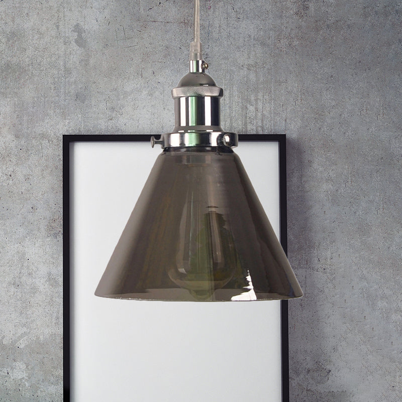 Industrial Cone/Barn Pendant Lamp 1 Light Smoked Glass Hanging Light Fixture in Chrome Clearhalo 'Ceiling Lights' 'Glass shade' 'Glass' 'Pendant Lights' 'Pendants' Lighting' 1043911