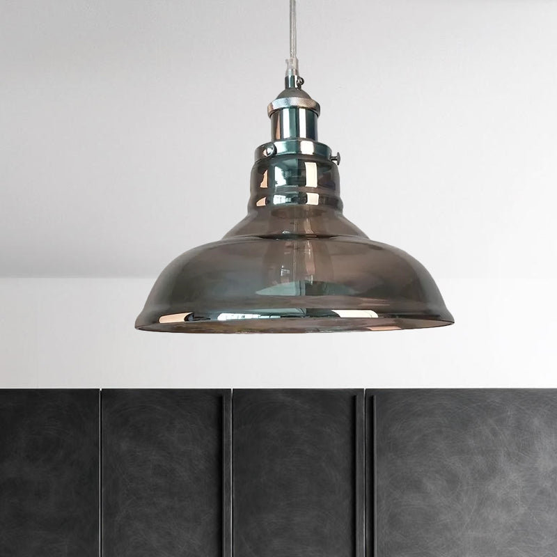 Industrial Cone/Barn Pendant Lamp 1 Light Smoked Glass Hanging Light Fixture in Chrome Clearhalo 'Ceiling Lights' 'Glass shade' 'Glass' 'Pendant Lights' 'Pendants' Lighting' 1043912