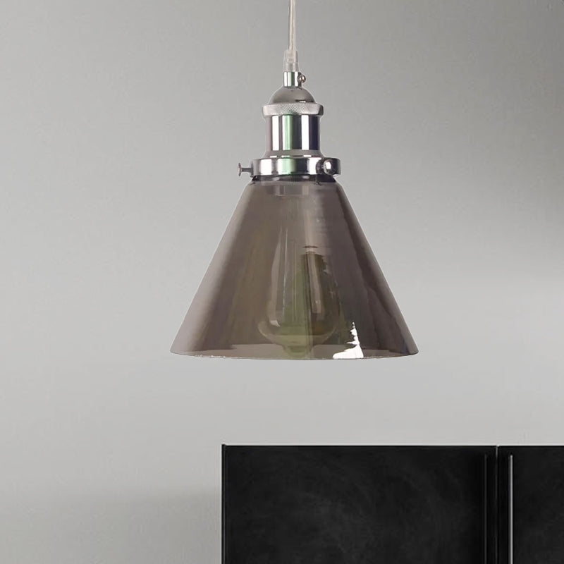 Industrial Cone/Barn Pendant Lamp 1 Light Smoked Glass Hanging Light Fixture in Chrome Clearhalo 'Ceiling Lights' 'Glass shade' 'Glass' 'Pendant Lights' 'Pendants' Lighting' 1043913
