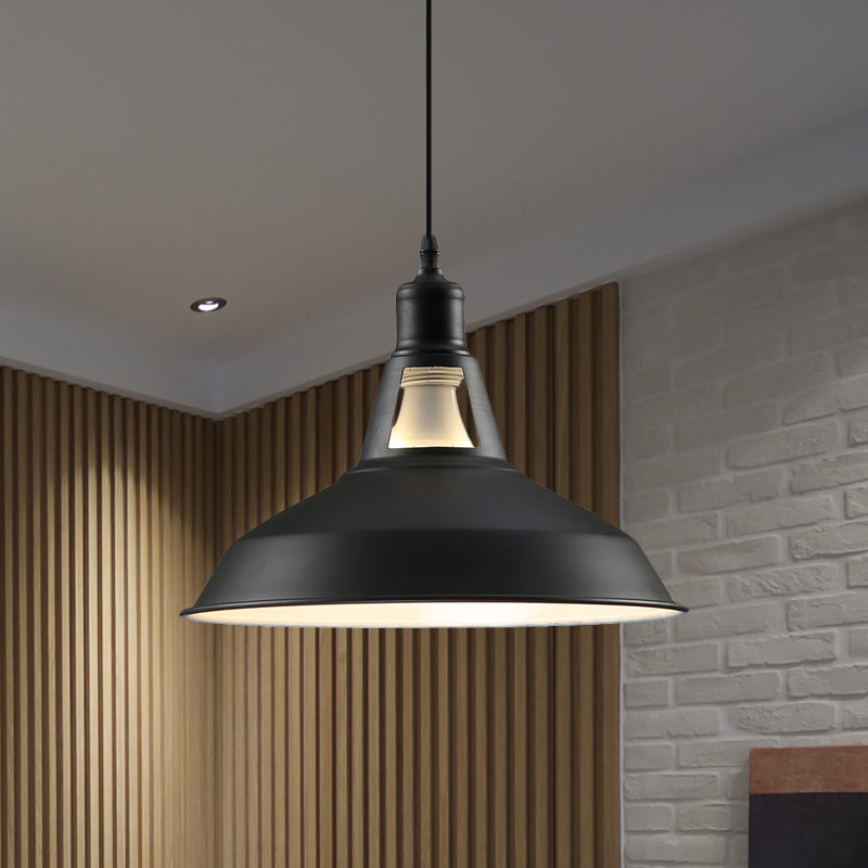 Farmhouse Barn Shade Hanging Lamp 10.5/12/15 Inch Wide 1 Light Metallic Pendant Light Fixture in Black/White for Hotel Clearhalo 'Art Deco Pendants' 'Black' 'Cast Iron' 'Ceiling Lights' 'Ceramic' 'Crystal' 'Industrial Pendants' 'Industrial' 'Metal' 'Middle Century Pendants' 'Pendant Lights' 'Pendants' 'Rustic Pendants' 'Tiffany' Lighting' 1044134
