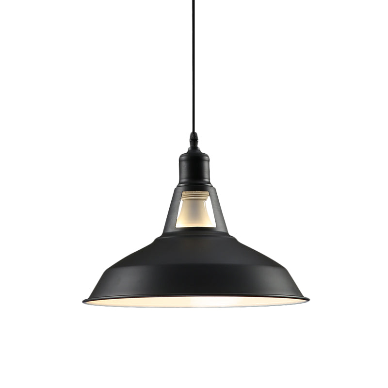 Farmhouse Barn Shade Hanging Lamp 10.5/12/15 Inch Wide 1 Light Metallic Pendant Light Fixture in Black/White for Hotel Clearhalo 'Art Deco Pendants' 'Black' 'Cast Iron' 'Ceiling Lights' 'Ceramic' 'Crystal' 'Industrial Pendants' 'Industrial' 'Metal' 'Middle Century Pendants' 'Pendant Lights' 'Pendants' 'Rustic Pendants' 'Tiffany' Lighting' 1044135