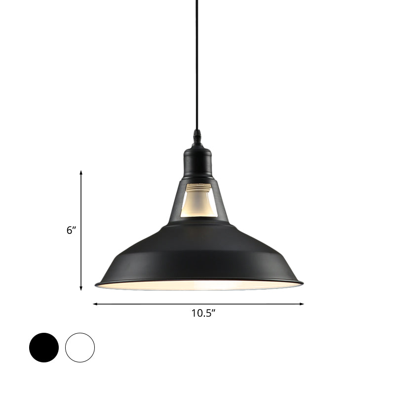 Farmhouse Barn Shade Hanging Lamp 10.5/12/15 Inch Wide 1 Light Metallic Pendant Light Fixture in Black/White for Hotel Clearhalo 'Art Deco Pendants' 'Black' 'Cast Iron' 'Ceiling Lights' 'Ceramic' 'Crystal' 'Industrial Pendants' 'Industrial' 'Metal' 'Middle Century Pendants' 'Pendant Lights' 'Pendants' 'Rustic Pendants' 'Tiffany' Lighting' 1044136