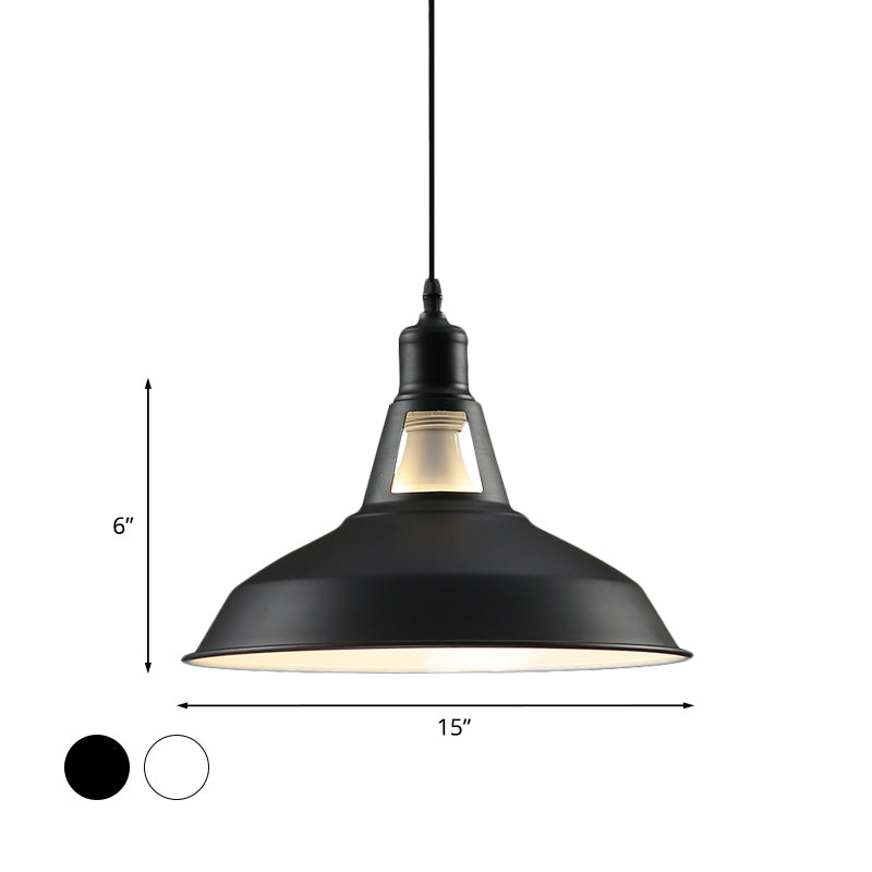 Farmhouse Barn Shade Hanging Lamp 10.5/12/15 Inch Wide 1 Light Metallic Pendant Light Fixture in Black/White for Hotel Clearhalo 'Art Deco Pendants' 'Black' 'Cast Iron' 'Ceiling Lights' 'Ceramic' 'Crystal' 'Industrial Pendants' 'Industrial' 'Metal' 'Middle Century Pendants' 'Pendant Lights' 'Pendants' 'Rustic Pendants' 'Tiffany' Lighting' 1044138