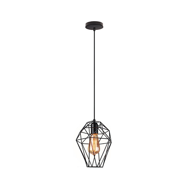 1 Head Wire Cage Ceiling Pendant Light Industrial Black Metallic Ceiling Fixture with Geometric Shade Clearhalo 'Art Deco Pendants' 'Black' 'Cast Iron' 'Ceiling Lights' 'Ceramic' 'Crystal' 'Industrial Pendants' 'Industrial' 'Metal' 'Middle Century Pendants' 'Pendant Lights' 'Pendants' 'Rustic Pendants' 'Tiffany' Lighting' 104465