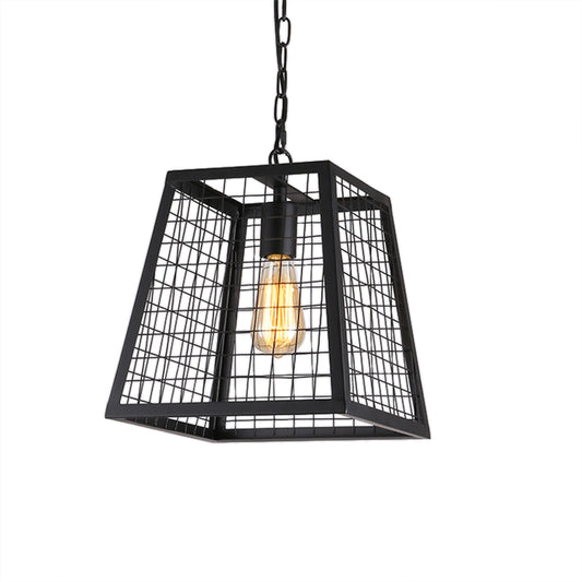1 Bulb Ceiling Pendant Fixture Vintage Style Trapezoid Metal Hanging Light with Mesh Cage Shade in Black Clearhalo 'Art Deco Pendants' 'Black' 'Cast Iron' 'Ceiling Lights' 'Ceramic' 'Crystal' 'Industrial Pendants' 'Industrial' 'Metal' 'Middle Century Pendants' 'Pendant Lights' 'Pendants' 'Rustic Pendants' 'Tiffany' Lighting' 104665