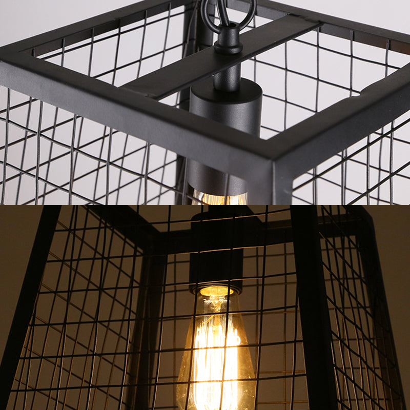 1 Bulb Ceiling Pendant Fixture Vintage Style Trapezoid Metal Hanging Light with Mesh Cage Shade in Black Clearhalo 'Art Deco Pendants' 'Black' 'Cast Iron' 'Ceiling Lights' 'Ceramic' 'Crystal' 'Industrial Pendants' 'Industrial' 'Metal' 'Middle Century Pendants' 'Pendant Lights' 'Pendants' 'Rustic Pendants' 'Tiffany' Lighting' 104667