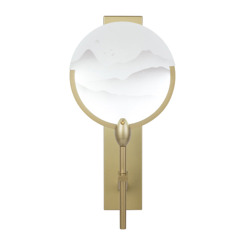 Chinese Round Fan Mural Light Acrylic Bedside LED Wall Mounted Light Fixture in Gold Clearhalo 'Wall Lamps & Sconces' 'Wall Lights' Lighting' 1046860