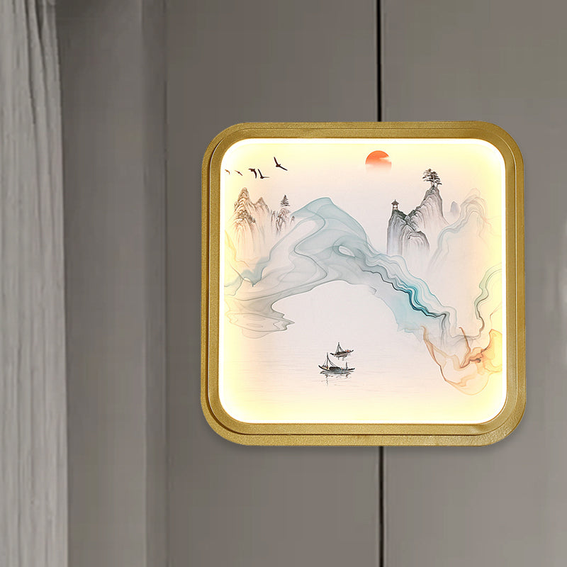 Hand-Paint Flower/Mountain Mural Lighting Chinese Fabric Living Room LED Wall Sconce with Gold Round/Square Frame Clearhalo 'Wall Lamps & Sconces' 'Wall Lights' Lighting' 1046930