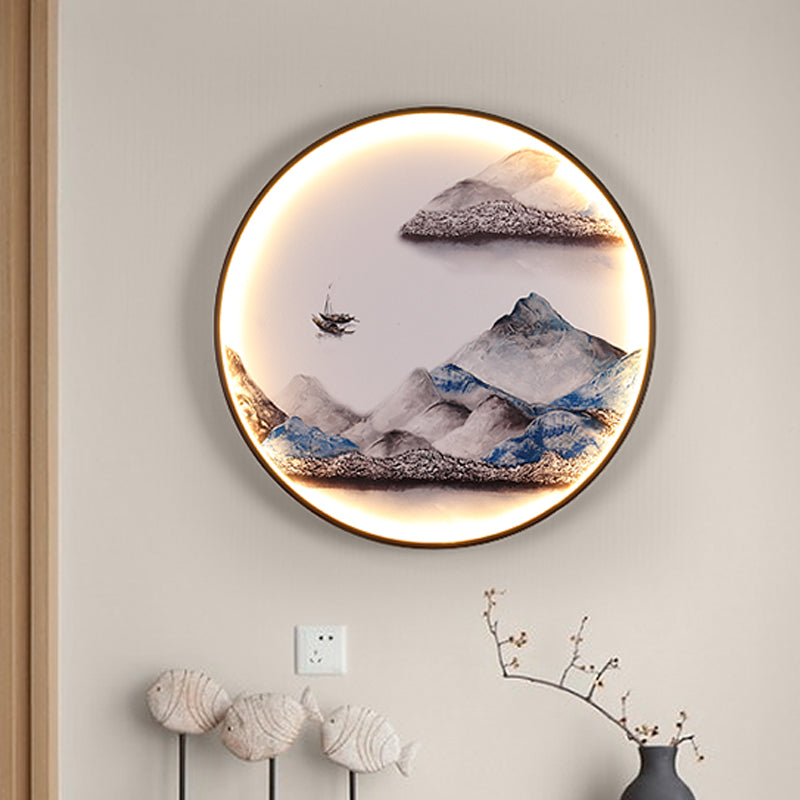ヴィンテージOHYAMA天井照明 風景画ライト ガラス製 約38cm【最終価格】 Mountain/Bird Decorative Mural Lamp Japanese Metal White LED Wall
