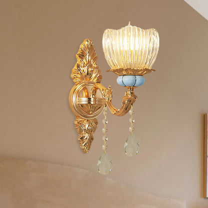 Single Ribbed Glass Wall Lamp Retro Gold Flower Bedroom Wall Mount Light Fixture Gold Clearhalo 'Wall Lamps & Sconces' 'Wall Lights' Lighting' 1047220