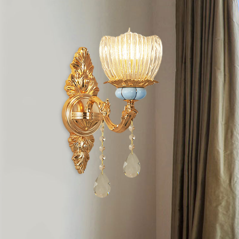 Single Ribbed Glass Wall Lamp Retro Gold Flower Bedroom Wall Mount Light Fixture Clearhalo 'Wall Lamps & Sconces' 'Wall Lights' Lighting' 1047221