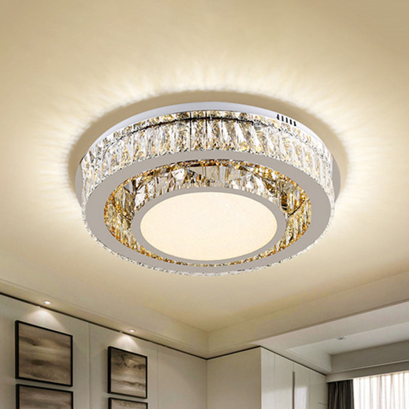Drum Flushmount Ceiling Lamp Contemporary Beveled Crystal Prisms LED Lighting Fixture in Nickel