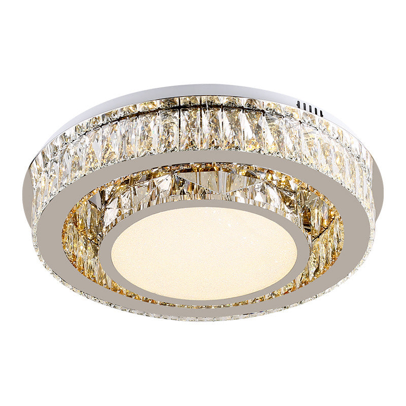 Drum Flushmount Ceiling Lamp Contemporary Beveled Crystal Prisms LED Lighting Fixture in Nickel