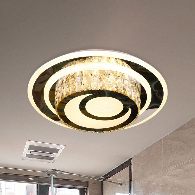 Drum Beveled Crystal Close to Ceiling Lamp Simple LED Guest Room Flushmount Light in Stainless Steel