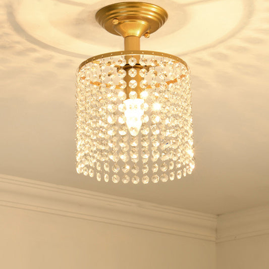 Cylindrical Crystal Strand Semi Flush Lamp Simple 1-Light Gold Finish Close to Ceiling Lighting Gold Clearhalo 'Ceiling Lights' 'Close To Ceiling Lights' 'Close to ceiling' 'Semi-flushmount' Lighting' 1047349