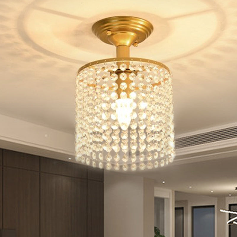 Cylindrical Crystal Strand Semi Flush Lamp Simple 1-Light Gold Finish Close to Ceiling Lighting Clearhalo 'Ceiling Lights' 'Close To Ceiling Lights' 'Close to ceiling' 'Semi-flushmount' Lighting' 1047350