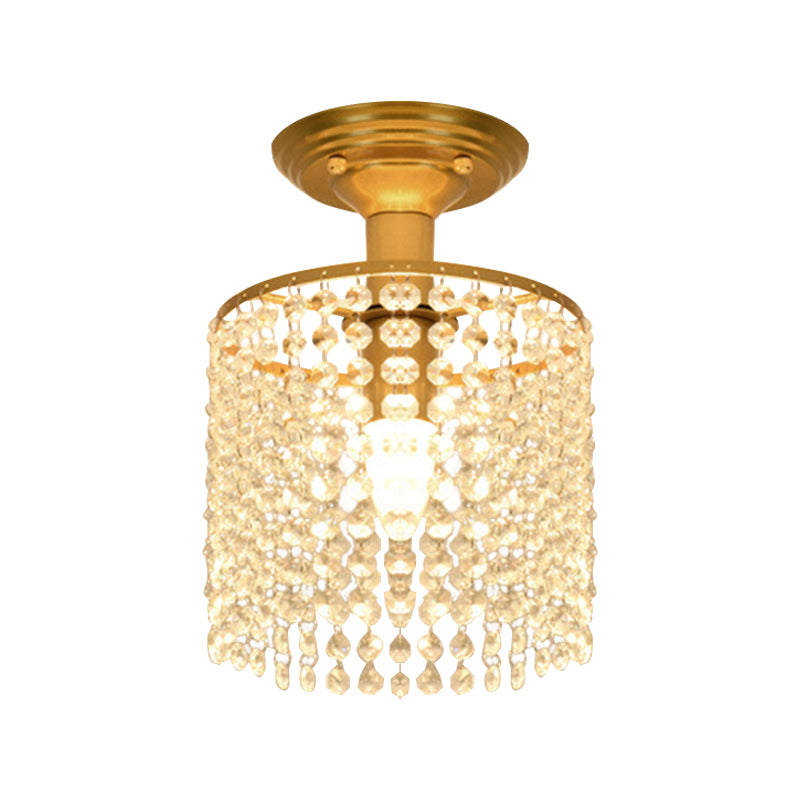 Cylindrical Crystal Strand Semi Flush Lamp Simple 1-Light Gold Finish Close to Ceiling Lighting Clearhalo 'Ceiling Lights' 'Close To Ceiling Lights' 'Close to ceiling' 'Semi-flushmount' Lighting' 1047351