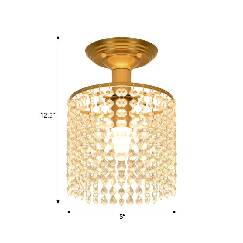 Cylindrical Crystal Strand Semi Flush Lamp Simple 1-Light Gold Finish Close to Ceiling Lighting Clearhalo 'Ceiling Lights' 'Close To Ceiling Lights' 'Close to ceiling' 'Semi-flushmount' Lighting' 1047352