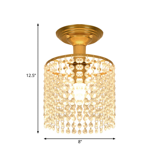 Cylindrical Crystal Strand Semi Flush Lamp Simple 1-Light Gold Finish Close to Ceiling Lighting Clearhalo 'Ceiling Lights' 'Close To Ceiling Lights' 'Close to ceiling' 'Semi-flushmount' Lighting' 1047352