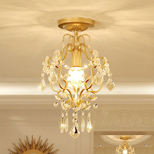 Gold Finish Scroll Semi Flush Lamp Fixture Modernist 1-Head Crystal Flush Mounted Light Gold Clearhalo 'Ceiling Lights' 'Close To Ceiling Lights' 'Close to ceiling' 'Semi-flushmount' Lighting' 1047357