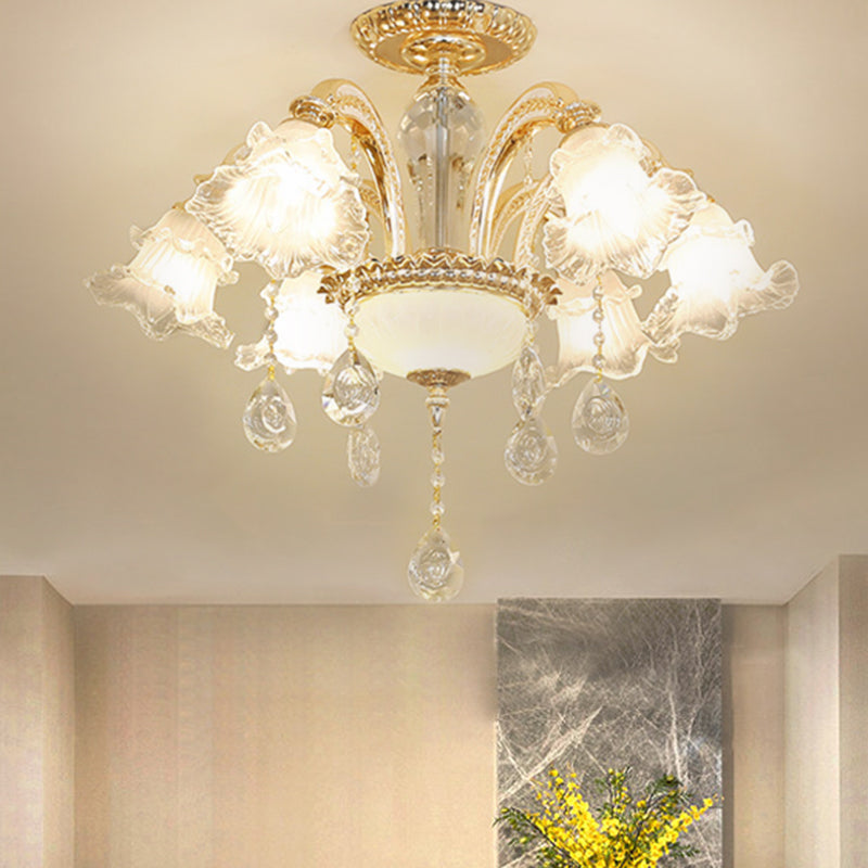 Hand-Cut K9 Crystal Flower Semi Flush Mid Century 6 Lights Bedroom Flush Ceiling Light Fixture in Gold Gold Clearhalo 'Ceiling Lights' 'Close To Ceiling Lights' 'Close to ceiling' 'Glass shade' 'Glass' 'Pendant Lights' 'Semi-flushmount' Lighting' 1047361