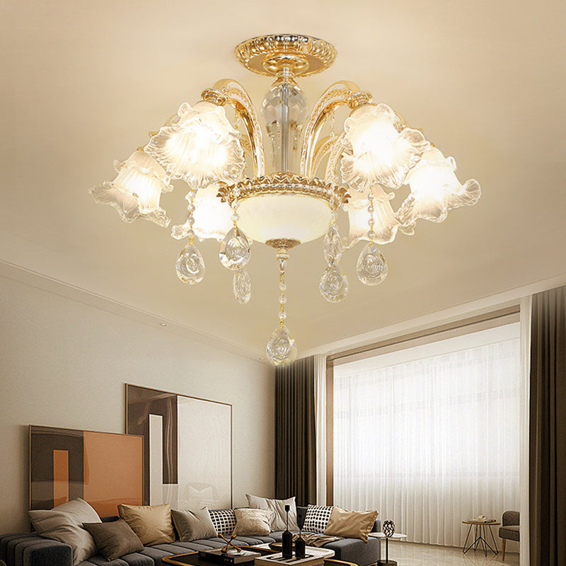 Hand-Cut K9 Crystal Flower Semi Flush Mid Century 6 Lights Bedroom Flush Ceiling Light Fixture in Gold Clearhalo 'Ceiling Lights' 'Close To Ceiling Lights' 'Close to ceiling' 'Glass shade' 'Glass' 'Pendant Lights' 'Semi-flushmount' Lighting' 1047362