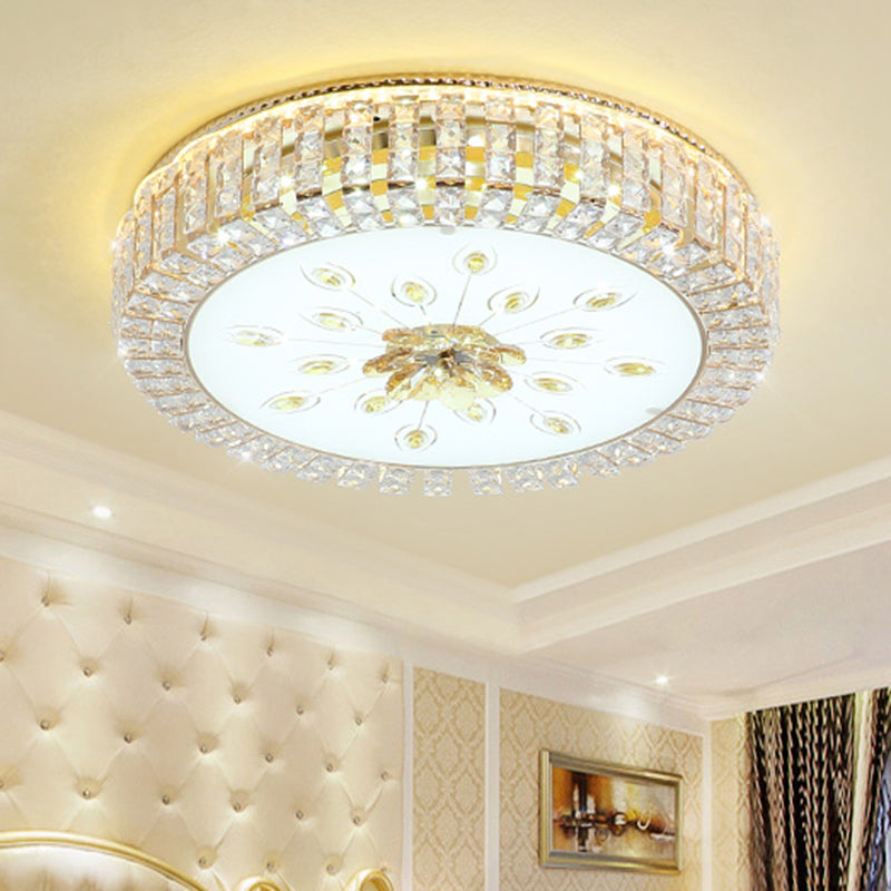 Gold Finish Drum Ceiling Mounted Lamp Modernist LED Crystal-Block Flush Lighting for Bedroom