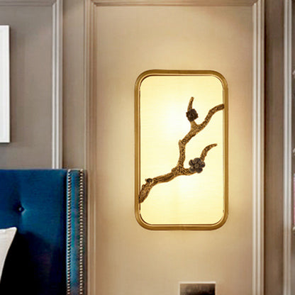 15"/23" H Rectangle Wall Mural Lighting Asian Fabric Gold LED Wall Lamp with Flower Branch Decoration Gold 15" Clearhalo 'Wall Lamps & Sconces' 'Wall Lights' Lighting' 1047569