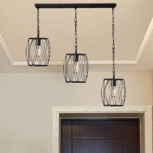 Black 3 Bulbs Hanging Lamp Industrial Stylish Metal Lantern Cage Shade Suspension Light for Foyer Black Clearhalo 'Art Deco Pendants' 'Black' 'Cast Iron' 'Ceiling Lights' 'Ceramic' 'Crystal' 'Industrial Pendants' 'Industrial' 'Metal' 'Middle Century Pendants' 'Pendant Lights' 'Pendants' 'Rustic Pendants' 'Tiffany' Lighting' 104812