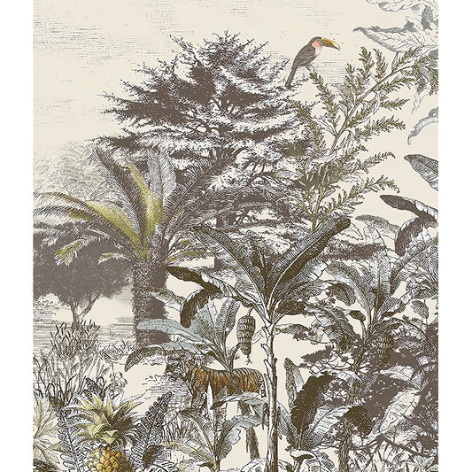 Whole Animal and Plants Mural for Coffee Shop Jungle Wall Art in Grey, Stain-Resistant