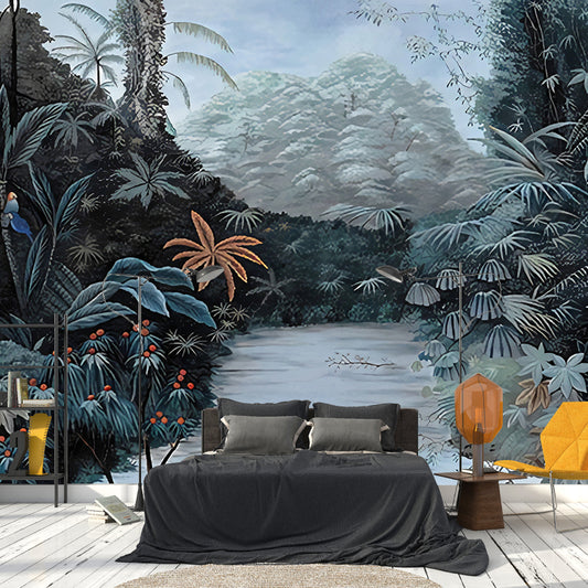 Whole Nordic Wall Mural Decal in Aqua River and Forest Wall Covering, Custom Size Available