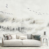 Misty Forest and Bird Mural Wallpaper for Guest Room Decor, Grey and White, Made to Measure