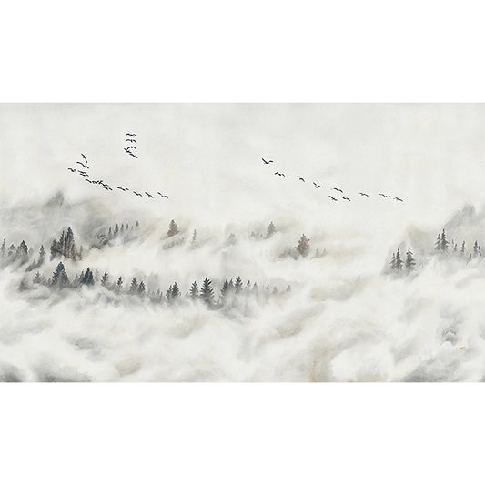 Misty Forest and Bird Mural Wallpaper for Guest Room Decor, Grey and White, Made to Measure