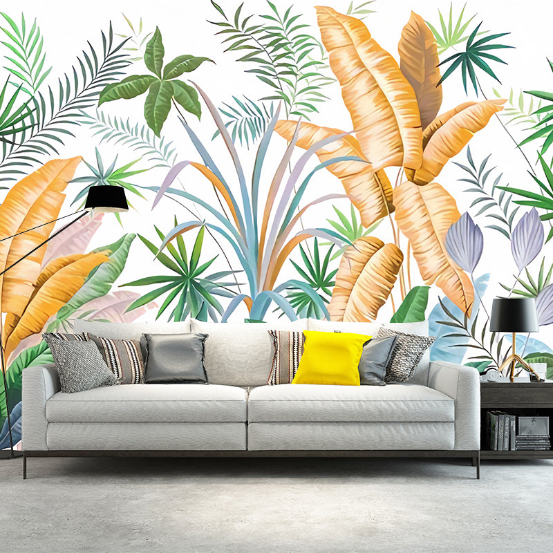 Enormous Illustration Banana Leaves Mural Wallpaper for Dining Room in Natural Color, Custom Size Available White Clearhalo 'Wall Decor' 'Wall Mural' 1048364