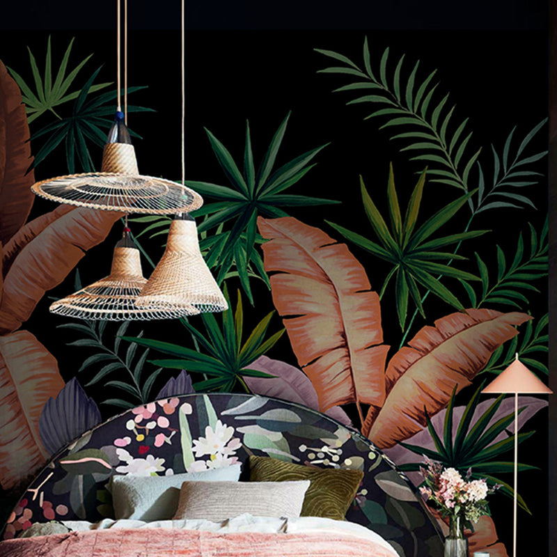 Enormous Illustration Banana Leaves Mural Wallpaper for Dining Room in Natural Color, Custom Size Available Black Clearhalo 'Wall Decor' 'Wall Mural' 1048369