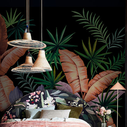 Enormous Illustration Banana Leaves Mural Wallpaper for Dining Room in Natural Color, Custom Size Available Black Clearhalo 'Wall Decor' 'Wall Mural' 1048369