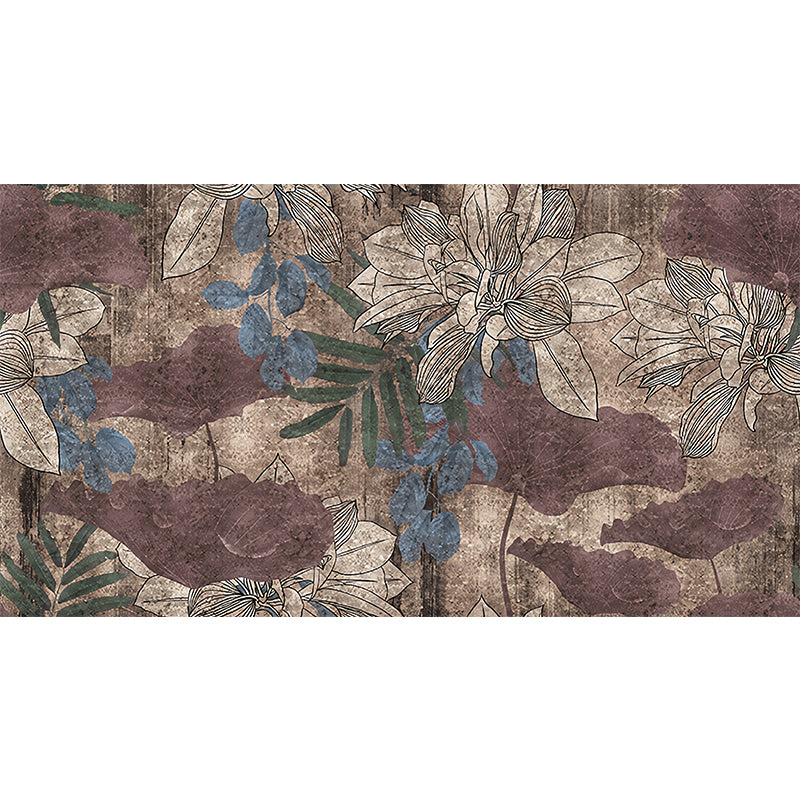 Purple Vintage Wall Mural Decal Custom-Printed Flower and Leaves Wall Covering for Guest Room Decor Clearhalo 'Wall Decor' 'Wall Mural' 1048387