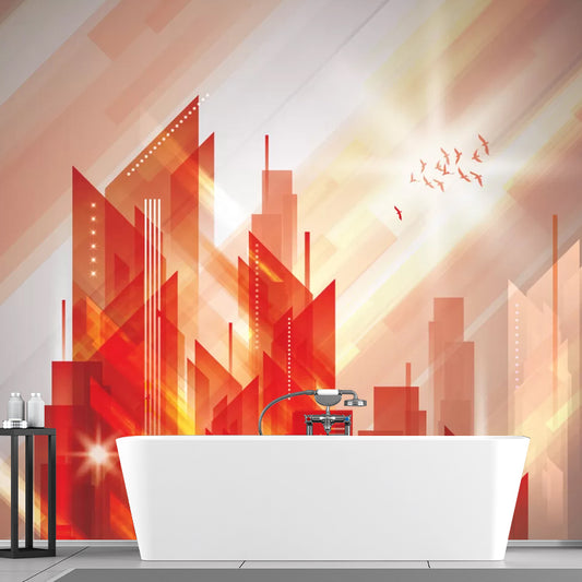 Enormous Skyscrapers Mural Wallpaper in Orange and Red Non-Woven Fabric Wall Decor for Office, Custom-Made