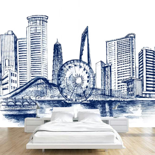 Simple Ferris Wheel Mural Wallpaper for Home Decor, Customized Size Wall Covering in Blue Clearhalo 'Wall Decor' 'Wall Mural' 1048542