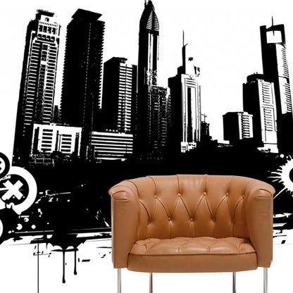 Full Illustration Simplicity Wall Mural for Meeting Room with Skyscrapers Design in Black and White Black-White Clearhalo 'Wall Decor' 'Wall Mural' 1048553