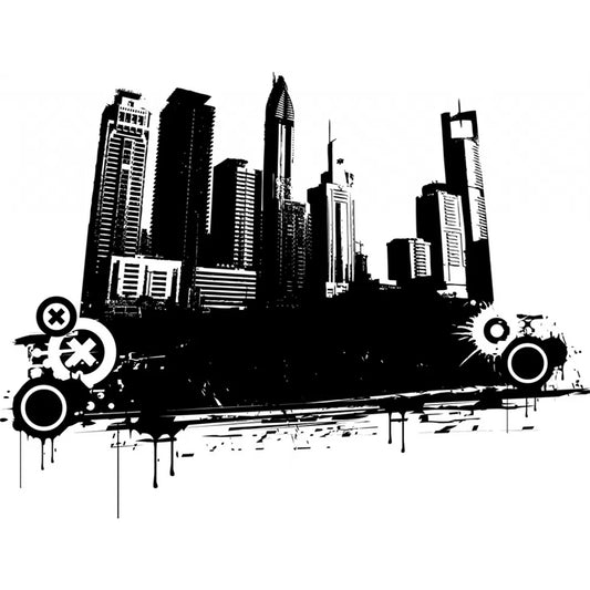 Full Illustration Simplicity Wall Mural for Meeting Room with Skyscrapers Design in Black and White Clearhalo 'Wall Decor' 'Wall Mural' 1048556