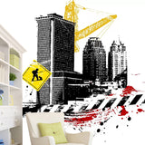 Enormous Illustration Buildings Mural Wallpaper for Coffee Shop Decor in Black and Yellow, Custom-Made Clearhalo 'Wall Decor' 'Wall Mural' 1048559