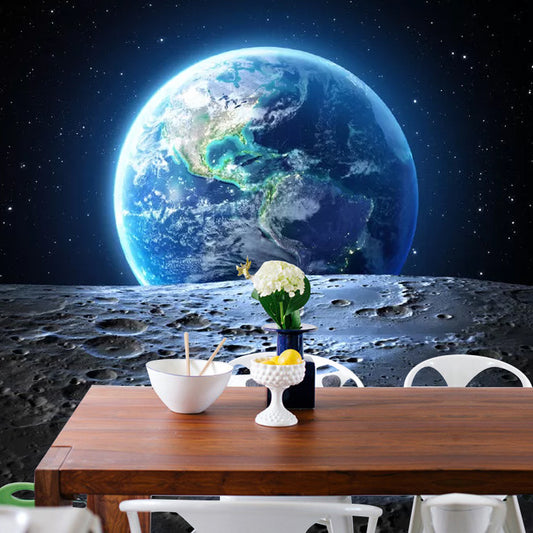 Moon and Earth Mural Wallpaper in Blue Bedroom Decorative Wall Covering, Custom Size Available Clearhalo 'Wall Decor' 'Wall Mural' 1048746