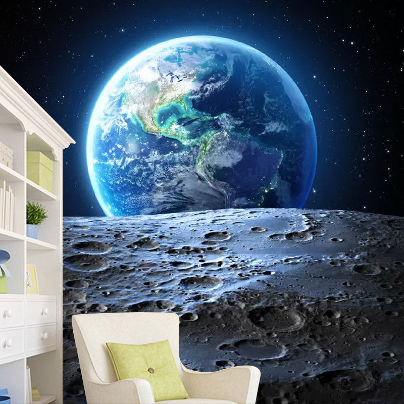 Moon and Earth Mural Wallpaper in Blue Bedroom Decorative Wall Covering, Custom Size Available Clearhalo 'Wall Decor' 'Wall Mural' 1048747
